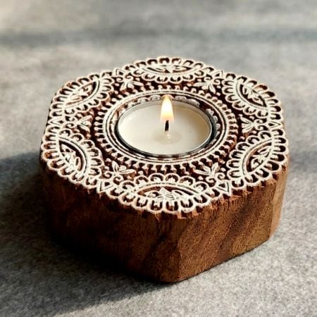 Handcrafted Wooden Floral T Light Decor Piece